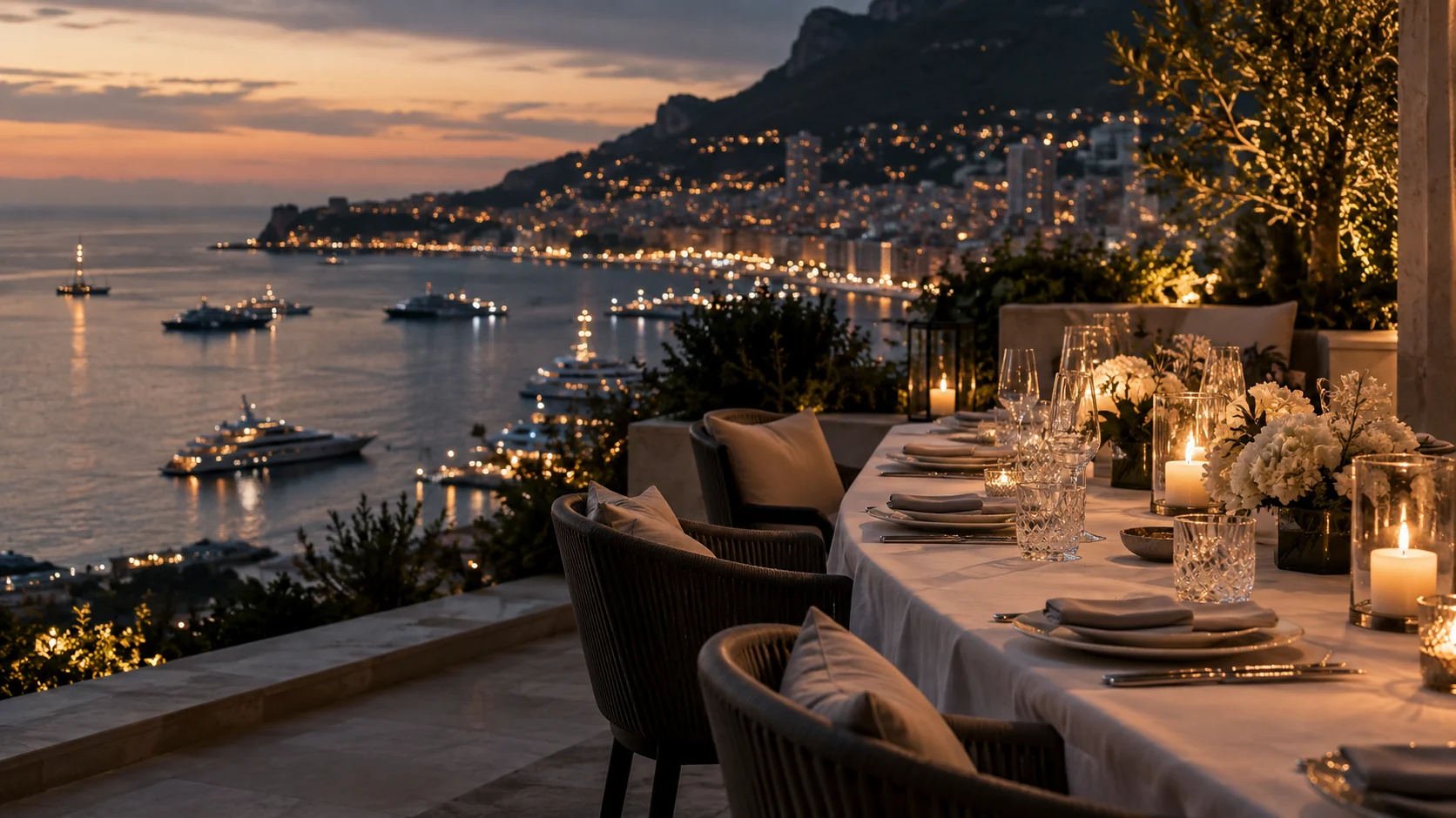 A candlelit private dinner on a terrace overlooking the Mediterranean harbor.