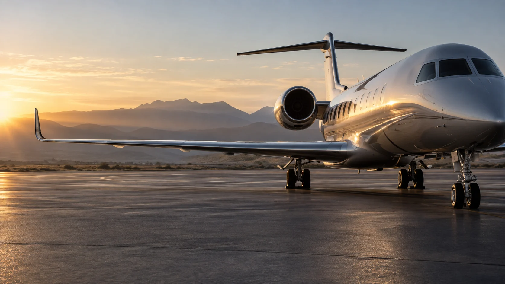 A silver private jet on a quiet airfield in the first light of dawn.