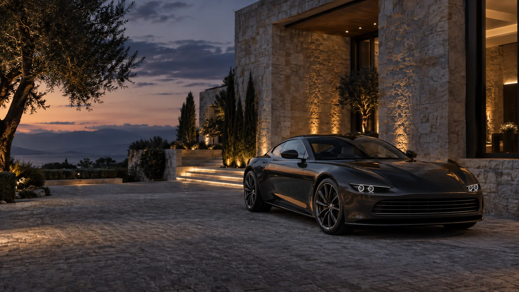 An unbranded graphite grand touring car awaiting departure outside a private residence.