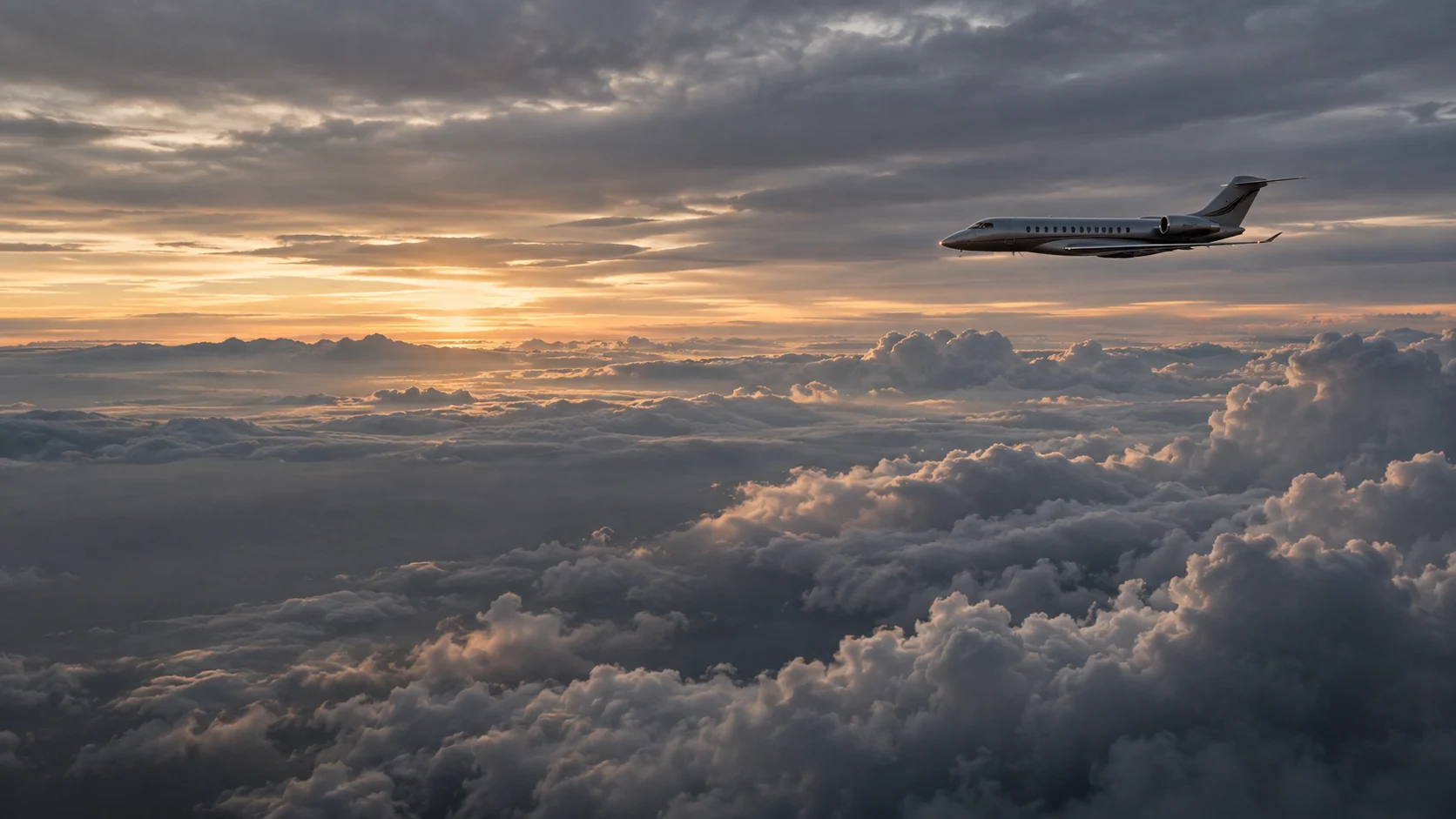 A private jet above an endless sea of silver clouds.